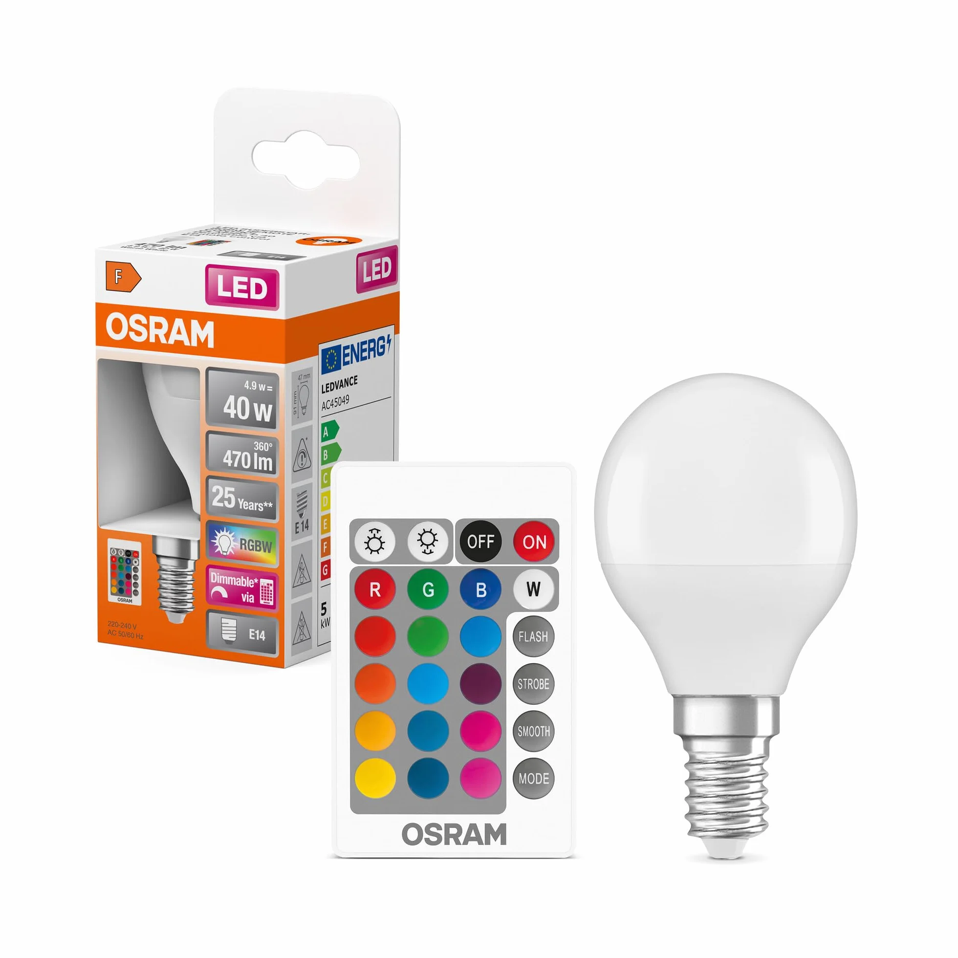 OSRAM Lampa LED | Trzonek: E14 | Ciepły biały | 2700 K | 5,50 W | matowe | LED Retrofit RGBW lampy z pilotem [Klasa efektywności energetycznej A+]