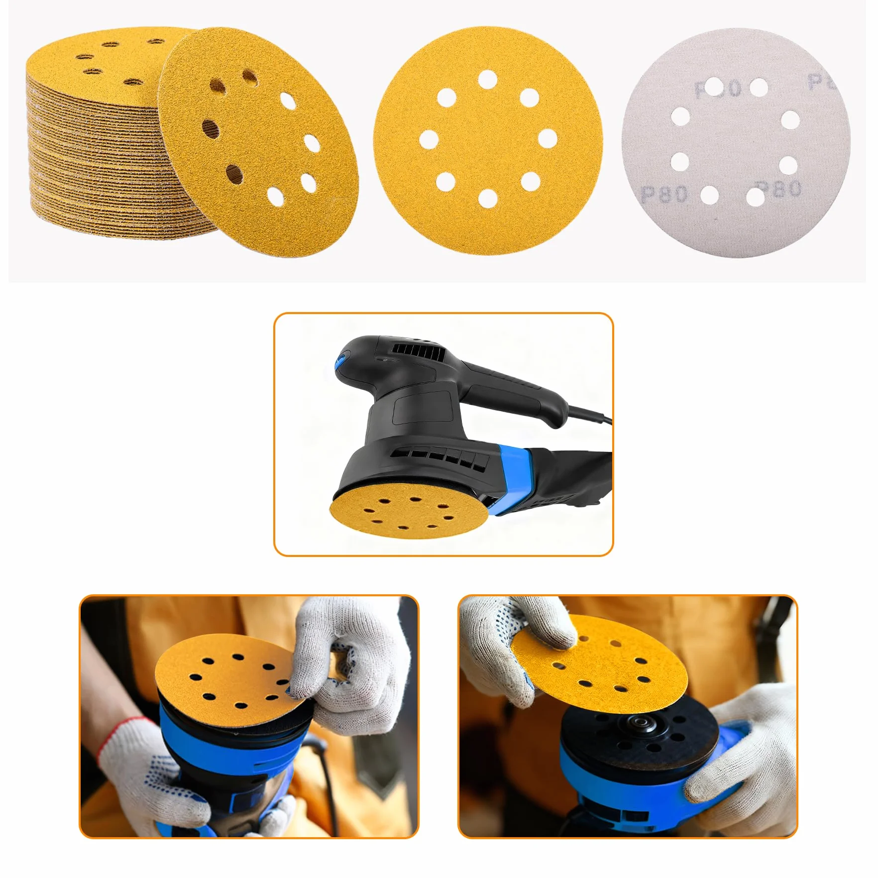 110 sztuk Papier ścierny 125 mm, Krążki ścierne, ziarnistość 60/80/100/120/150/180/240/320/400/600/800, mocowane na rzep krążki szlifierskie, 8 otworów okrągłych, do szlifierek mimośrodowych